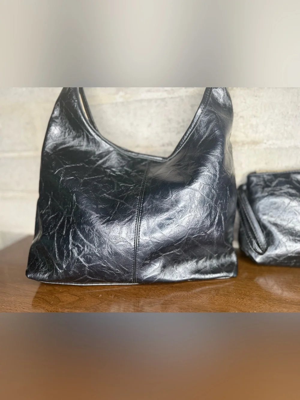 Large Black Slouchy Hobo Shoulder Bag w/ Matching Zip Wristlet Faux Leather